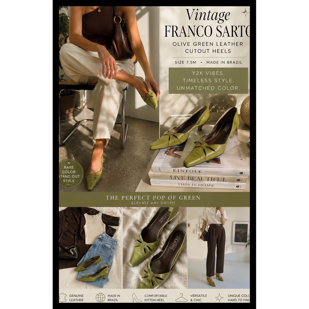 Vintage Franco Sarto Olive Green Leather Cutout Pointed Toe Heels Size 7.5M